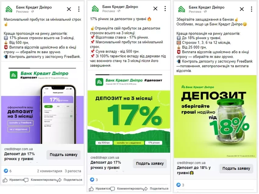 Колаж рекламних оголошень Facebook та Instagram для депозитів Банку Кредит Дніпро